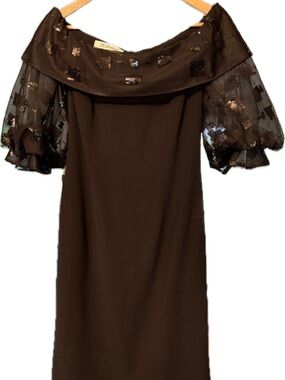 La Bottega! Elegant! Vintage! Black Dress with Sequined Puff Sleeves & Collar